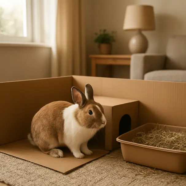 A brown-and-white dwarf rabbit exploring a roomy indoor enclosure with hay, a cardboard hide, and soft rugs in a sunlit living room
