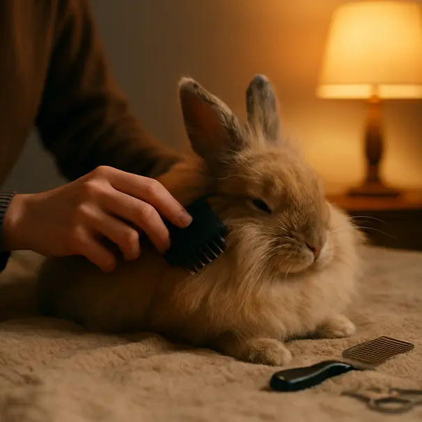 Caregiver gently brushing a relaxed long-haired rabbit on a soft blanket under warm lamplight during evening grooming