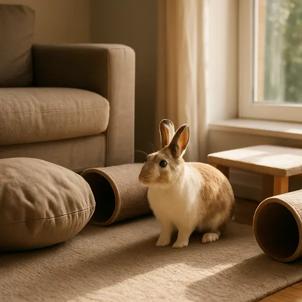 Un lapin explore un coin aménagé dans un appartement, avec coussins, tunnels et fenêtre éclairée le matin