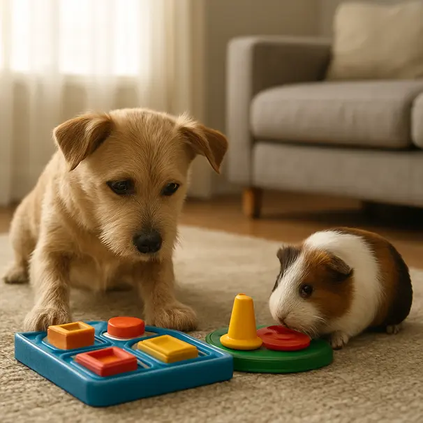 Un petit chien et un cochon d'Inde jouent avec des jouets interactifs dans un salon en fin d'après-midi