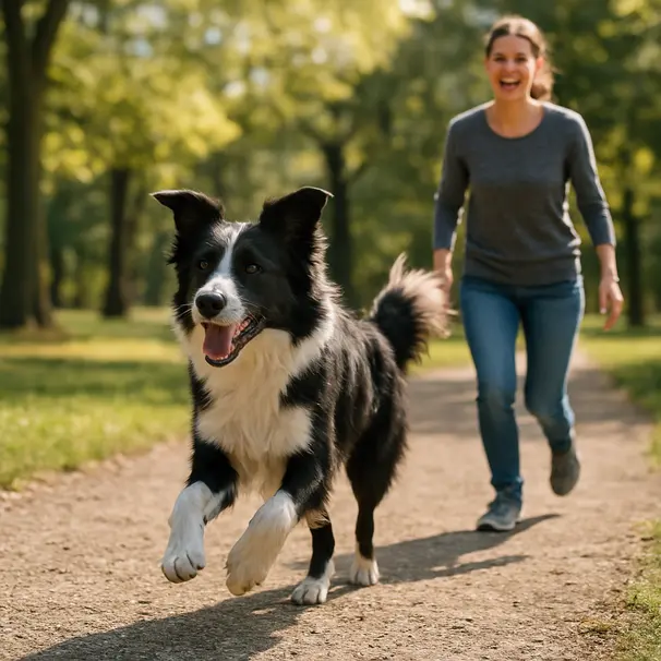 Border collie running in a park on a gravel path during a sunny morning, paws visible in motion
