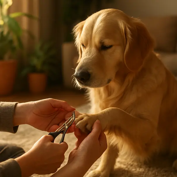 Person trimming a golden retriever paw on a living room rug with warm sunlight, close-up on hands and paw