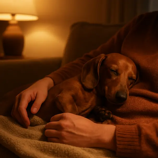 Person cuddling a relaxed dachshund on a couch under warm lamp light after a nail trim