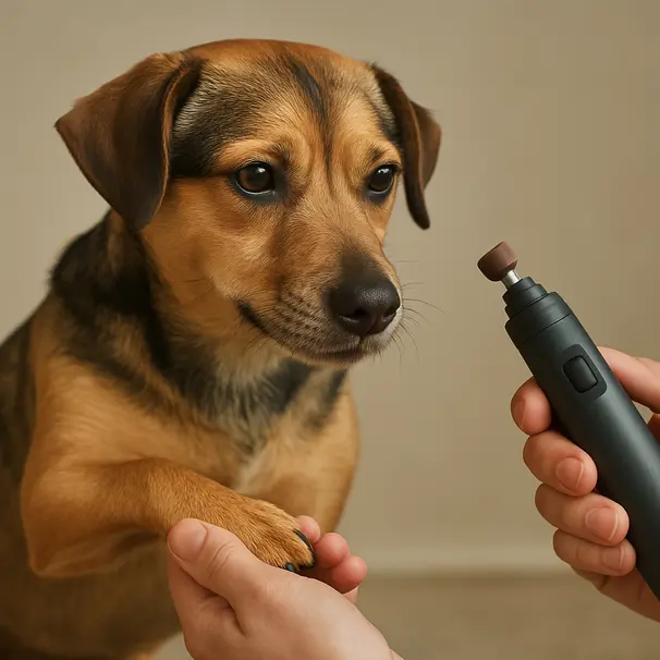 Small mixed-breed dog looking at a nail grinder while owner holds its paw indoors, calm interaction