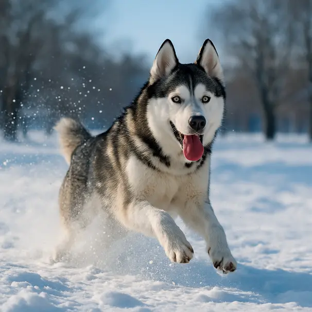 Siberian Husky running through snowy park with ears pricked, snow flying, captured in bright daylight