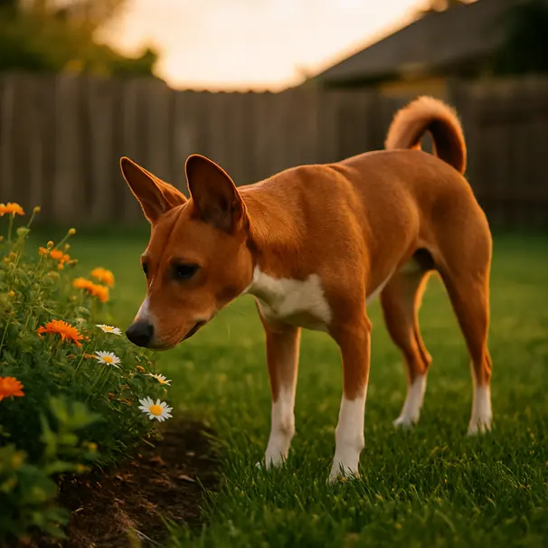 Basenji with upright ears sniffing in a sunny backyard during golden hour, close-up showing alert expression and surrounding grass