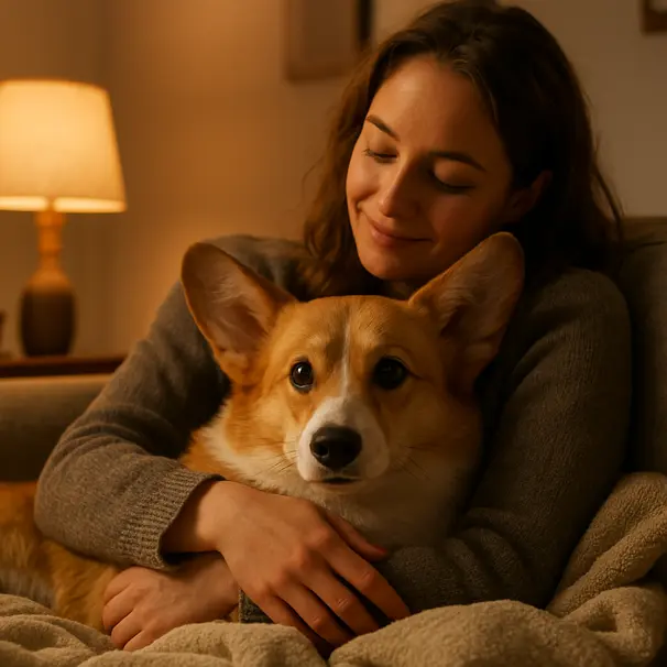 Pembroke Welsh Corgi cuddled with a pet sitter on a sofa in warm evening light, showing relaxed ears and comfortable home setting
