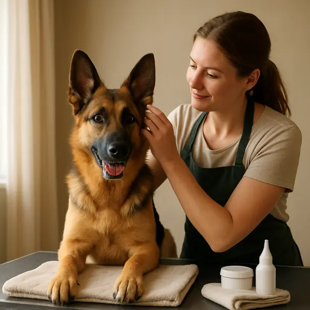 German Shepherd sitting on a grooming table as a pet carer gently checks its erect ears in a softly lit room