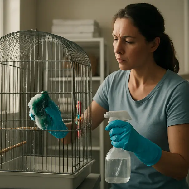 Een pet carer maakt een vogelkooi schoon met veilige schoonmaakmiddelen in een goed verlichte kamer, handschoenen en perches zichtbaar