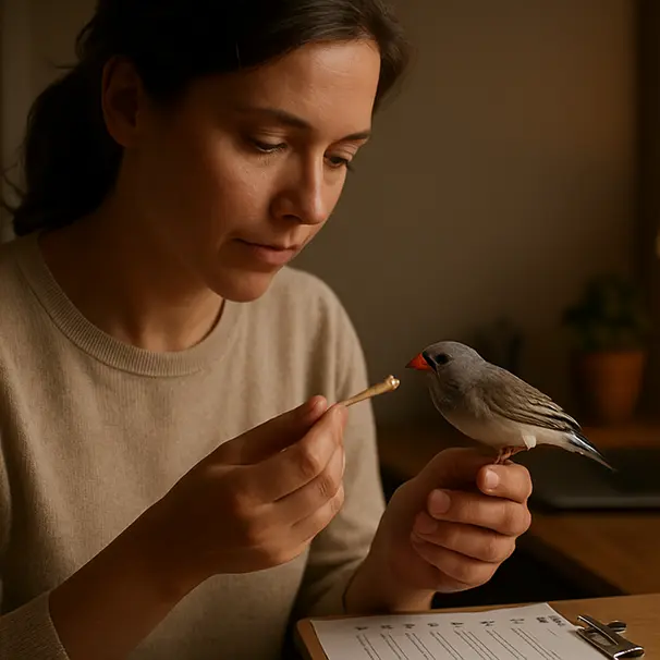 Een carer controleert een checklist en voert voorzichtig een vogel, binnenopname in een rustige thuiskantooromgeving