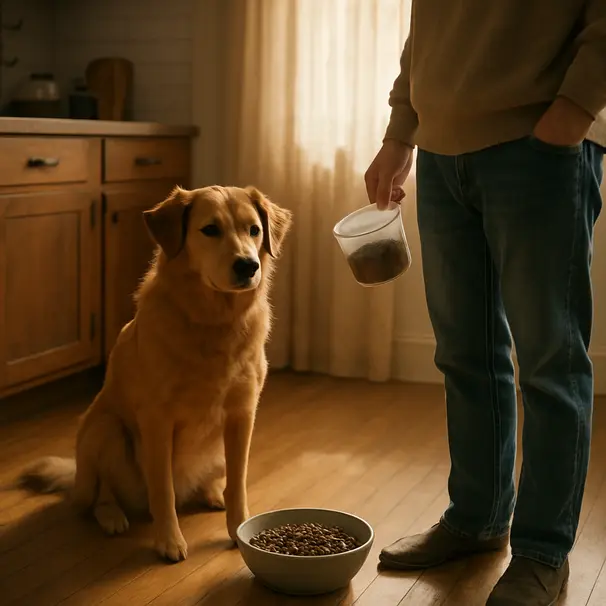 Medium-sized mixed-breed dog sitting by a bowl of kibble in a sunlit kitchen while an owner measures food