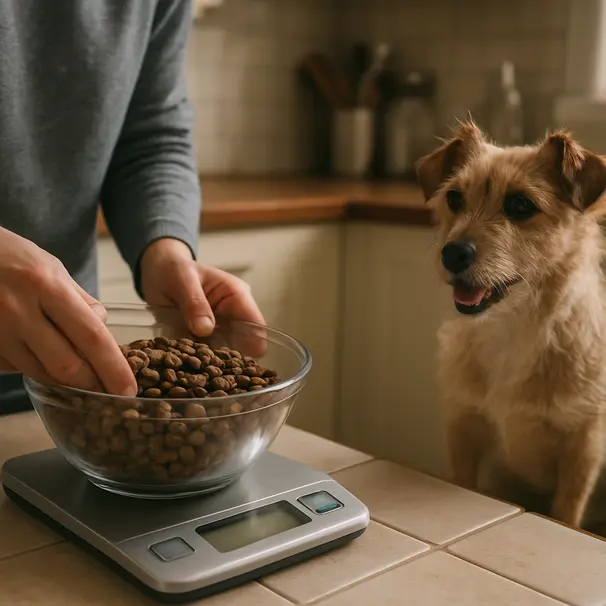 Owner weighing dry dog food on a digital scale with a small terrier waiting nearby in the kitchen