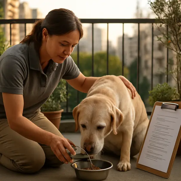 Pet carer pouring wet food into a bowl for a senior Labrador on a balcony with feeding notes on a clipboard