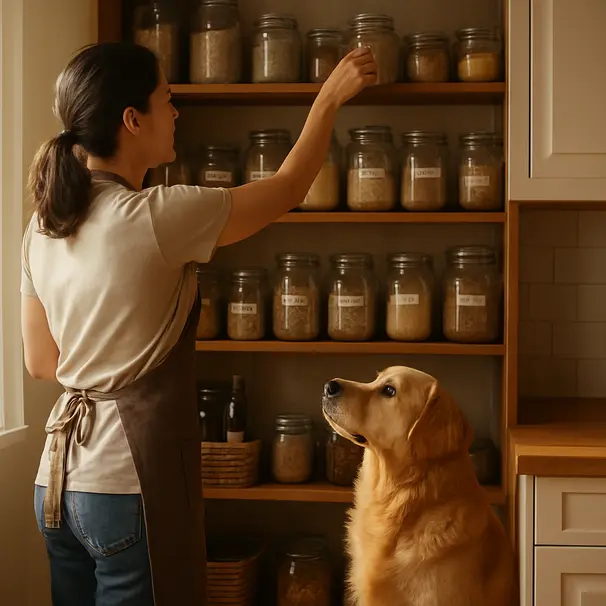 Pet carer placing condiments on a high shelf as a golden retriever watches in the kitchen