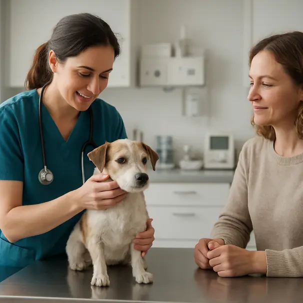 Veterinarian examining a small mixed-breed dog on an exam table with the owner present