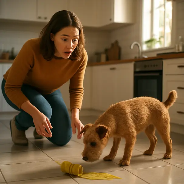 Owner in a kitchen checking a small terrier near a spilled mustard jar on the floor