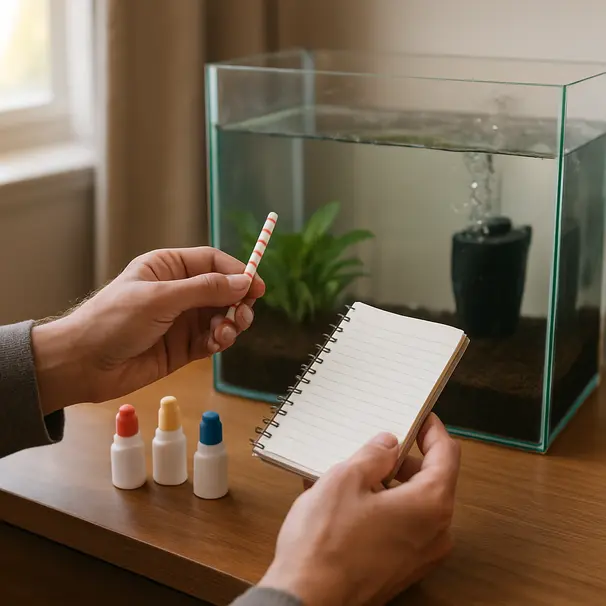 Person using test strips beside a newly set up aquarium with filter running and notebook for logs