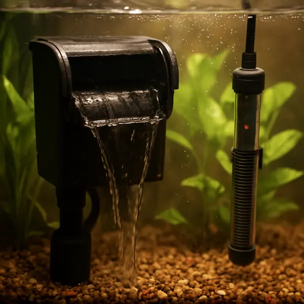 Close-up of an aquarium corner with a hang-on-back filter, heater, live plants, and rising bubbles