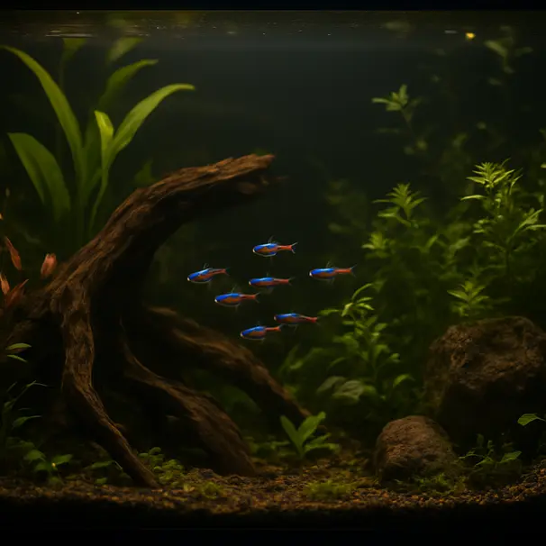Planted community aquarium with schooling tetras, driftwood, rocks, and evening LED lighting