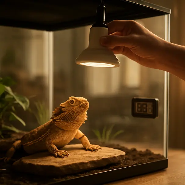 Bearded dragon basking on a rock under a heat lamp inside a home terrarium; visible thermometer and owner hand adjusting lamp.