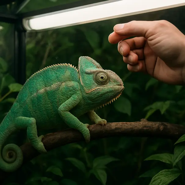 Chameleon perched on branch inside planted vivarium beneath a UVB tube light, caregiver checking the bulb.