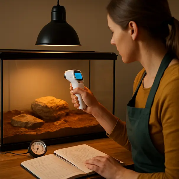 Pet carer using infrared thermometer and probe thermometer near terrarium, hygrometer and care notebook visible.