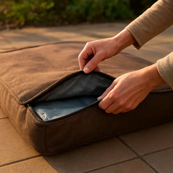 Hands unzipping a removable orthopaedic bed cover outdoors, showing waterproof liner