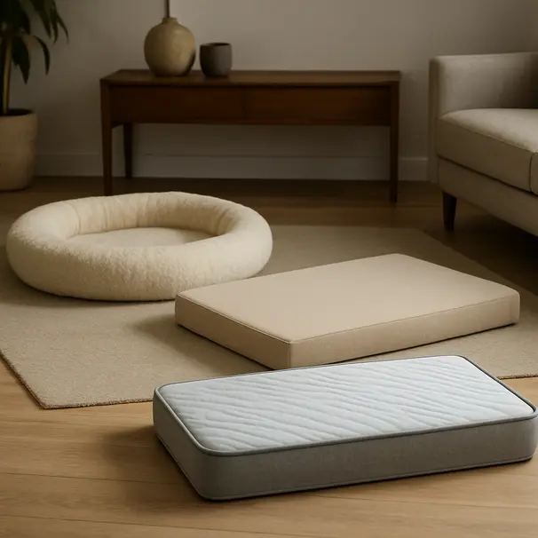 Three types of orthopaedic dog beds displayed side by side in a home setting