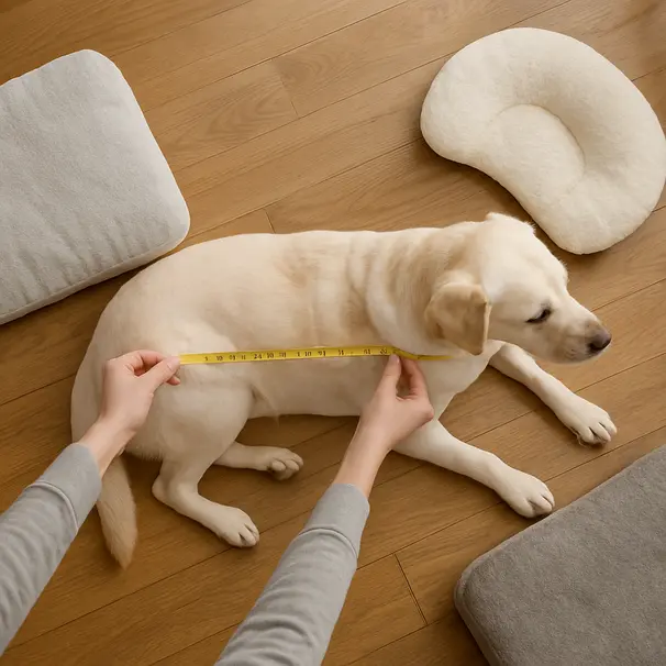 Owner measuring a Labrador for bed size beside several orthopaedic bed samples indoors