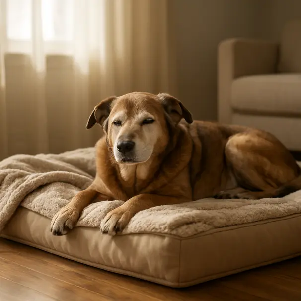 Senior mixed-breed dog resting on a memory foam orthopaedic bed in a sunny living room