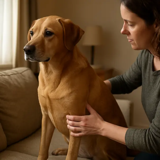 Pet owner feeling a Labrador mix's ribs and waist indoors to check body condition