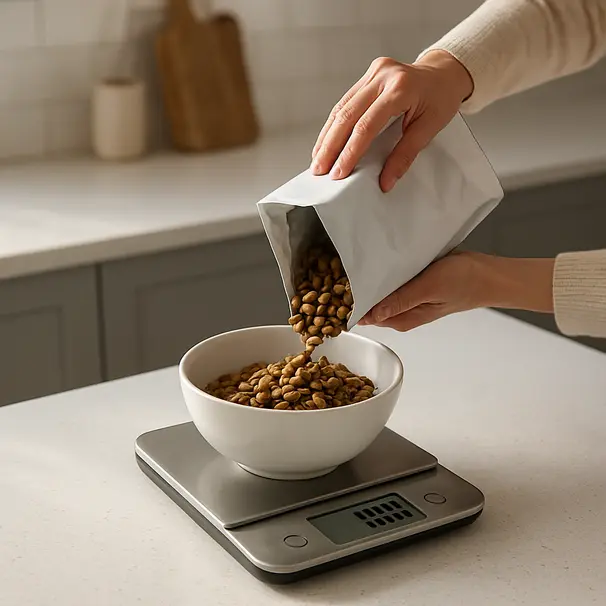Hands measuring dry dog food on a digital kitchen scale in a bright kitchen