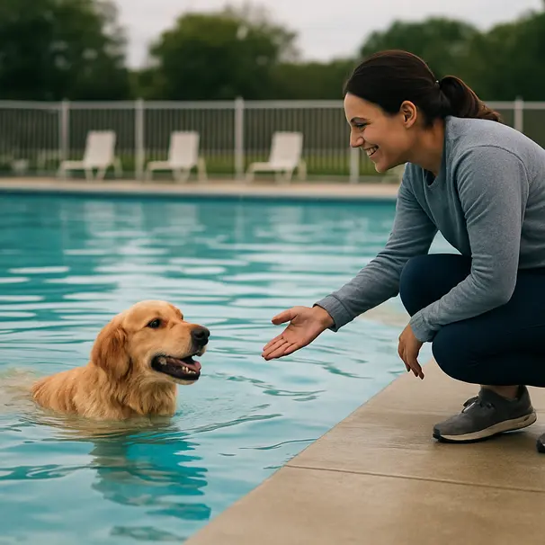 Golden Retriever paddling in a calm pool with owner nearby for low-impact exercise