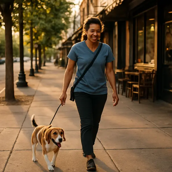Pet carer walking a fit Beagle on a city sidewalk during golden hour