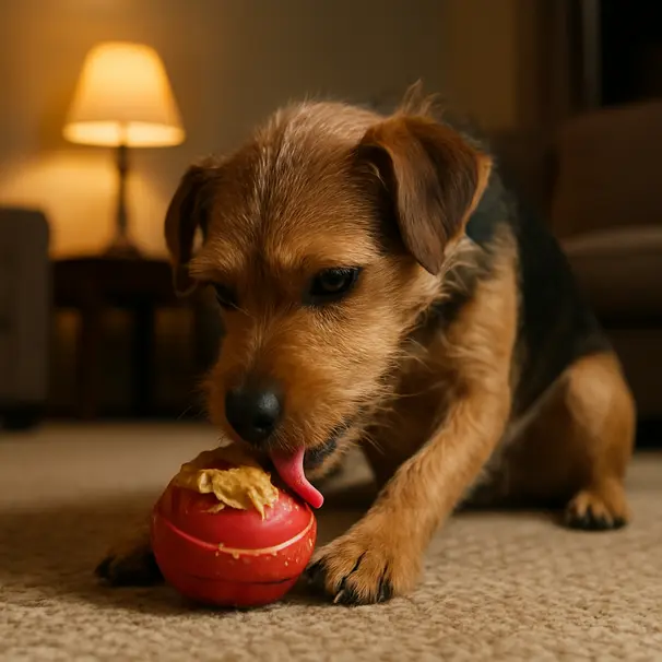 Small terrier indoors licking peanut butter from a rubber enrichment toy on the living room floor under warm lamp light