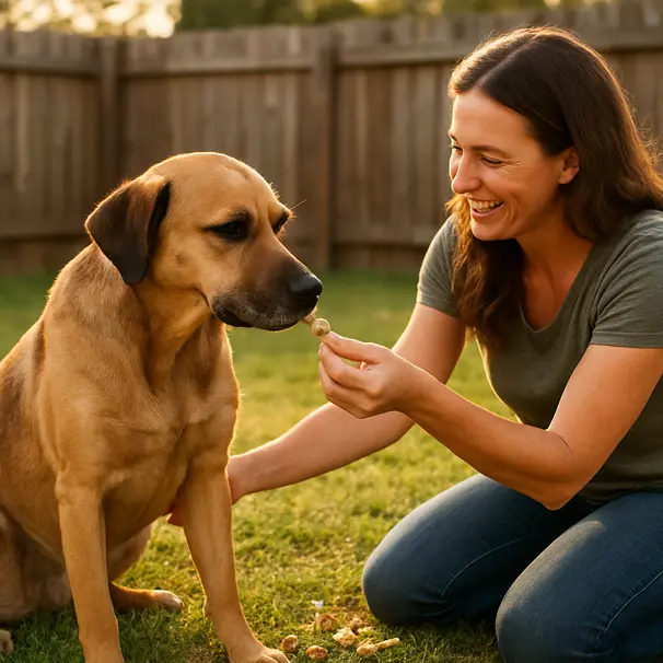 Owner outdoors removing peanut shell as a lab mix dog reaches for a peeled peanut in the grass at golden hour