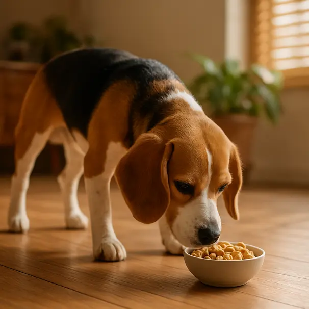 Beagle indoors sniffing a small bowl of plain unsalted peanuts on a wooden kitchen floor, sunlit home background