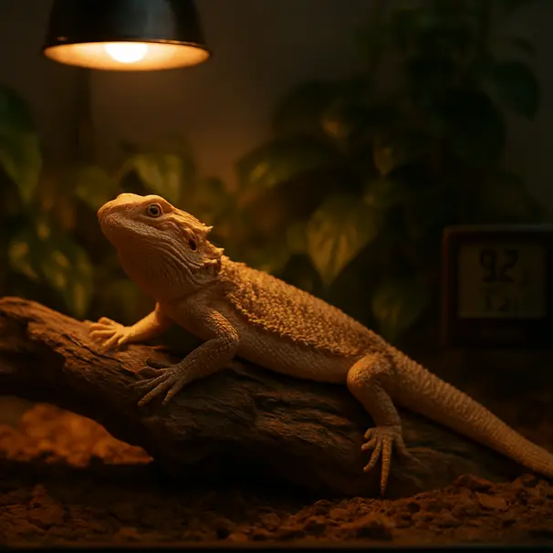 Bearded dragon in a well-equipped terrarium basking under a heat lamp with thermometer visible.