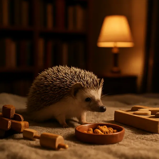 Hedgehog investigating toys and a puzzle feeder on a blanket in a warm living room setting.