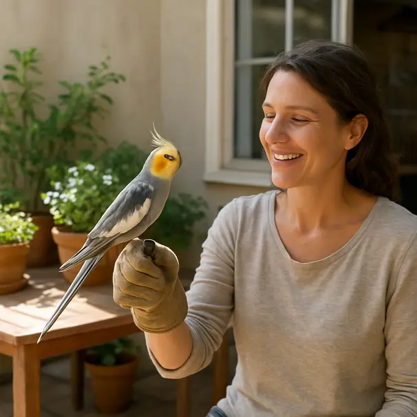 Cockatiel perched on a carer's hand outdoors on a sunny patio with plants and an aviary visible.