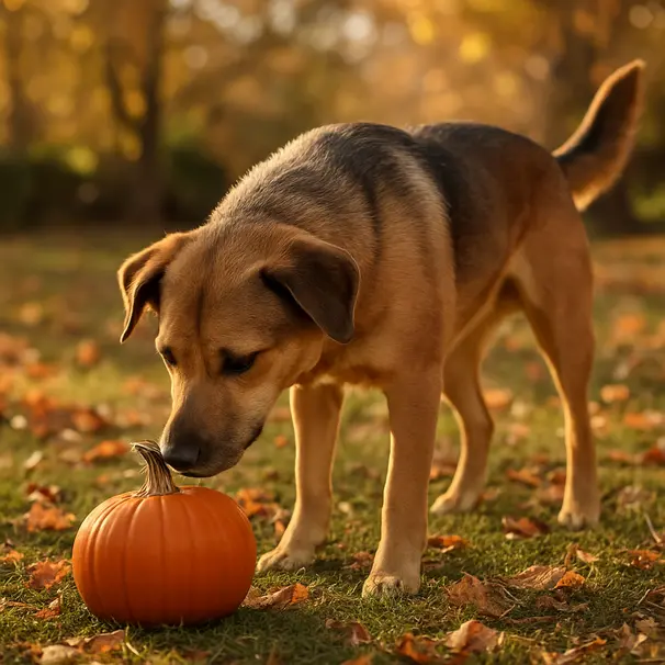 Medium mixed-breed dog outdoors sniffing a small sugar pumpkin on grass during late afternoon, fallen leaves around, candid curious pose