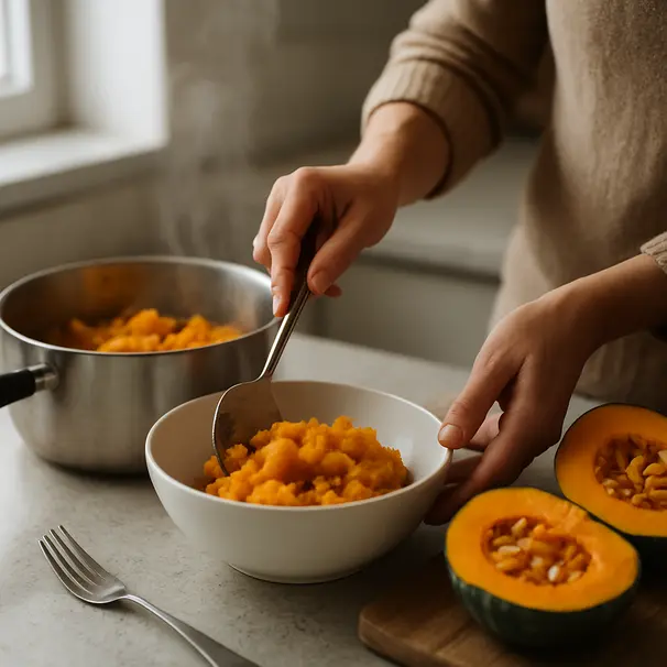Hands scooping cooked pumpkin into a bowl on a kitchen counter with pumpkin halves and saucepan visible, bright daylight