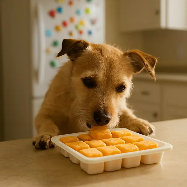 Small terrier nudging a silicone mold of frozen pumpkin-yogurt cubes on a kitchen island, bright morning light and domestic background