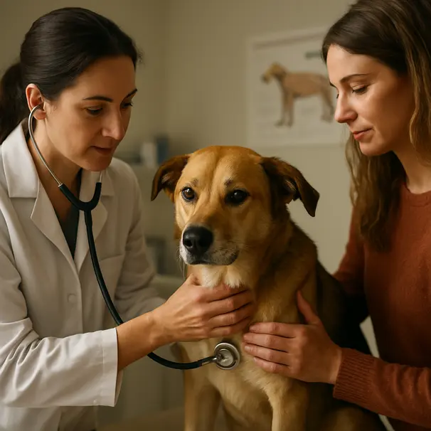 Mixed-breed dog examined by a veterinarian in a clinic, owner nearby, calm medical setting