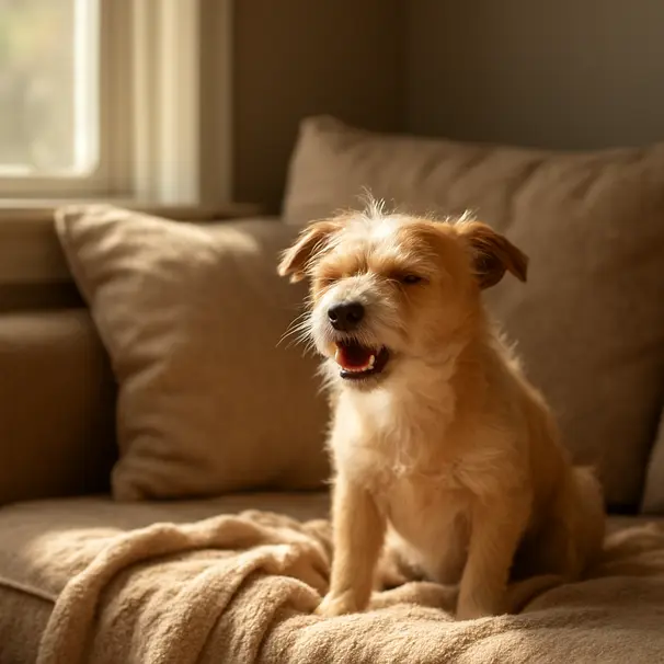Small terrier sneezing on a sunlit living room couch, morning light, cozy home setting