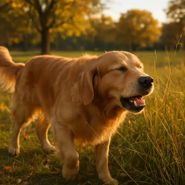 Golden retriever sniffing grass and sneezing during an afternoon park walk, trees and warm light in background