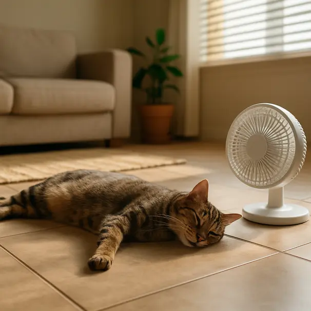Tabby cat lying on a tile floor beside a small fan in a sunlit living room, seeking a cool spot