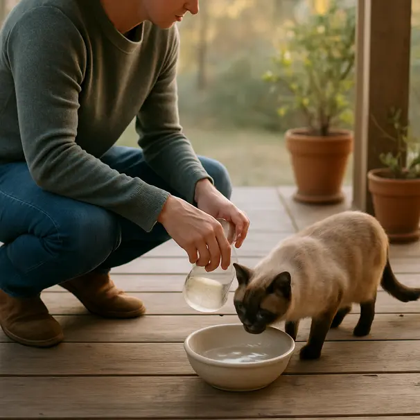 Person refilling a water bowl on a wooden porch as a Siamese cat drinks, outdoor morning setting