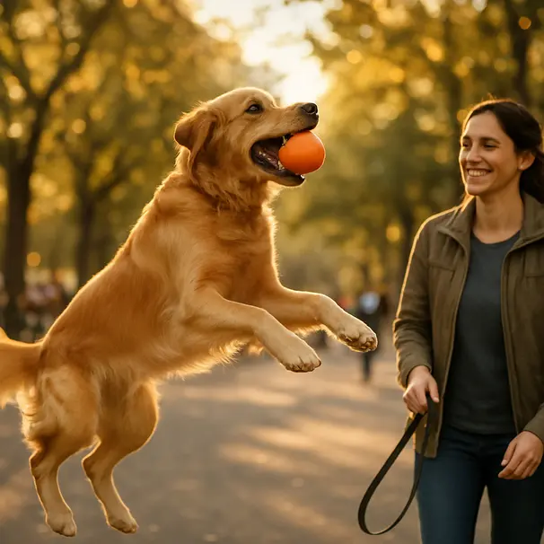 Golden retriever jumping for a ball in a sunny city park with a smiling carer and trees.