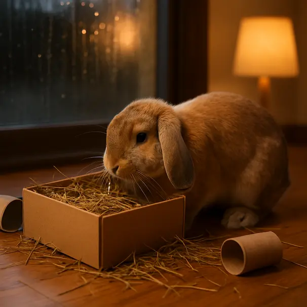 Lop-eared rabbit investigating a cardboard foraging box indoors on a hardwood floor with rain outside.